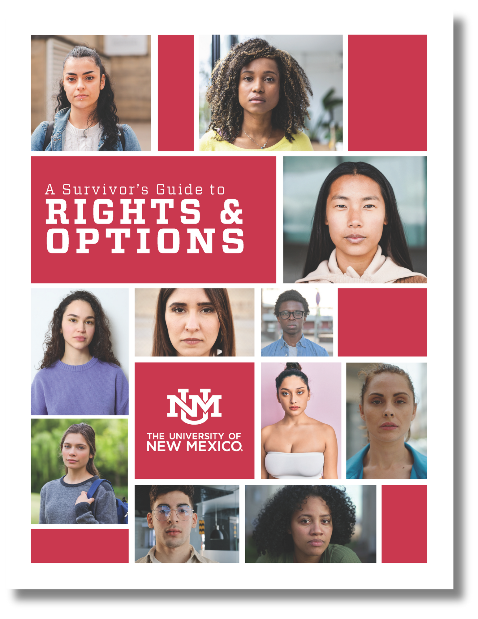 The front cover of a Survivor’s Guide to Rights & Options at the University of New Mexico, which has randomly placed blocks containing close-up images of individuals looking straight into the camera with serious expressions over top of a cherry red background.